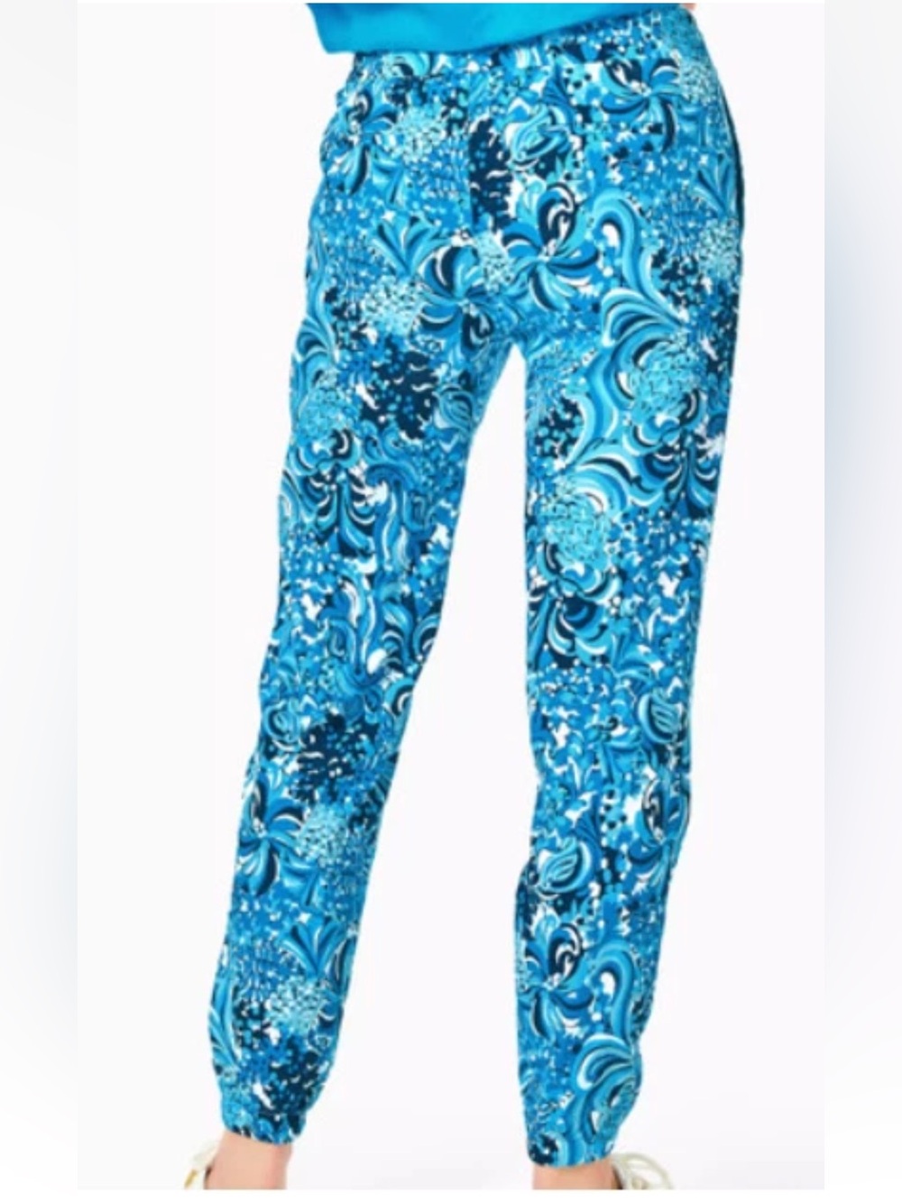 Lilly Pulitzer Rici stretch Resort white Mermazing Blue Floral M pockets pants - Picture 3 of 13